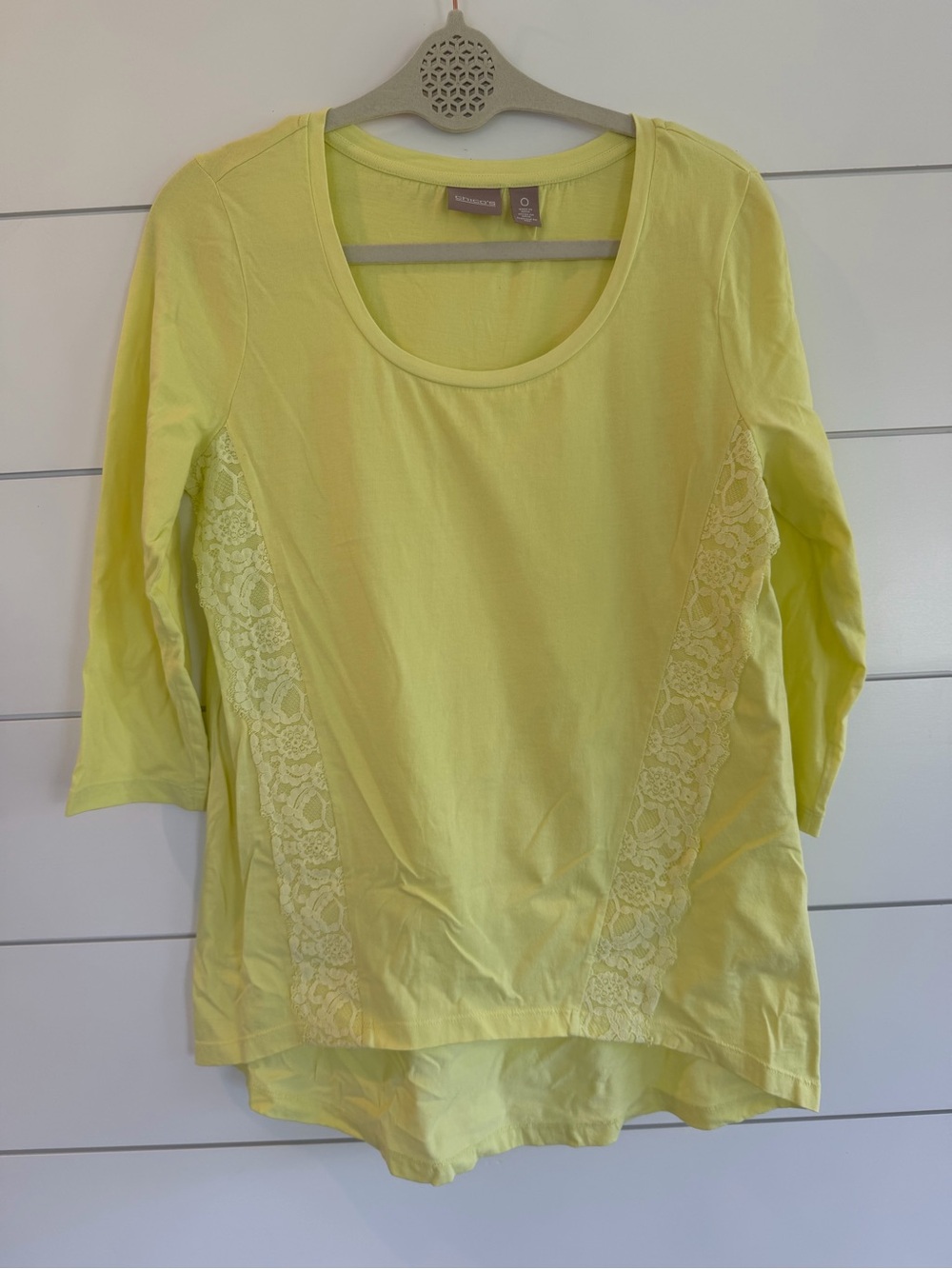 Chico's Lace Trim Slub Knit Tee Top 0 Small Neon Yellow Chartreuse Boho Coastal
